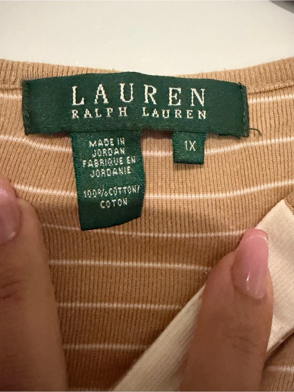Ralph Lauren Tan Striped Henley Roll-Tab Top - Picture 4 of 6